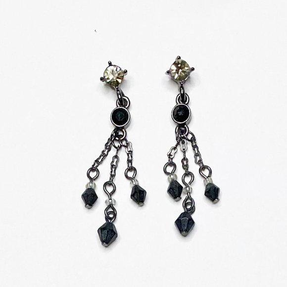 VINTAGE 1980's ART DECO 1940's STYLE RHINESTONE AND BLACK BEAD DROP EARRINGS - Picture 7 of 9